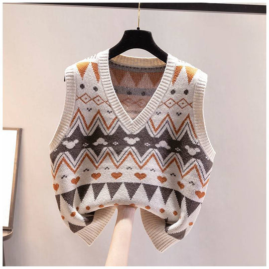 Damen Strickweste mit V-Ausschnitt und geometrischem Muster EB