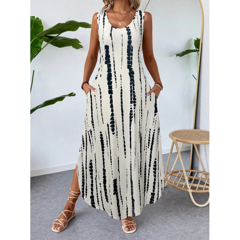Damen Maxikleid mit seitlichen Taschen und modischem Streifenmuster EB