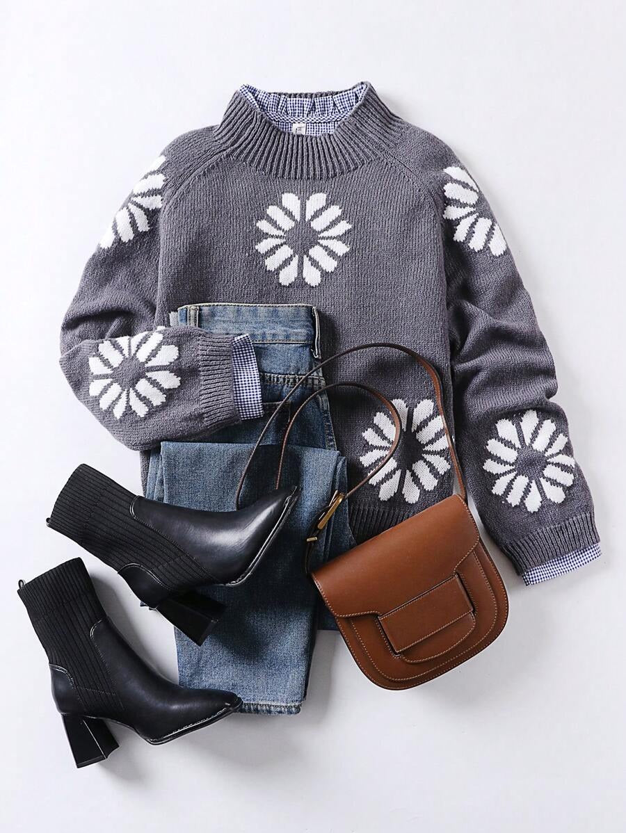 Damen Strickpullover mit floralem Motiv und modernem Rundhalsausschnitt EB