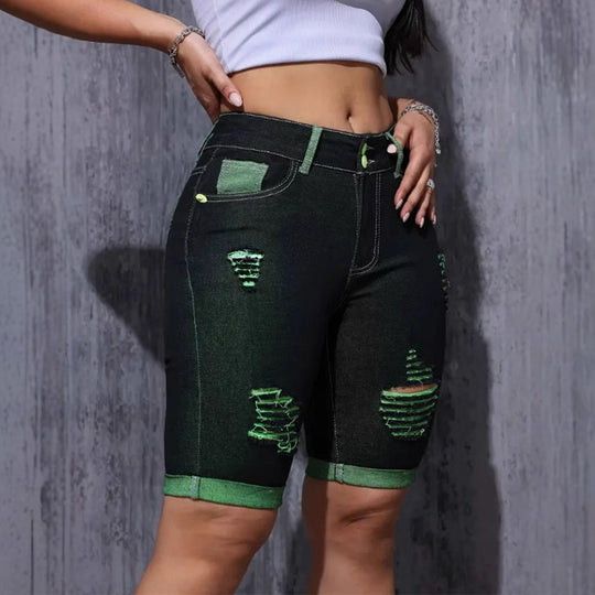 Damen Destroyed Denim-Shorts mit auffälligen Akzenten und hohem Bund EB