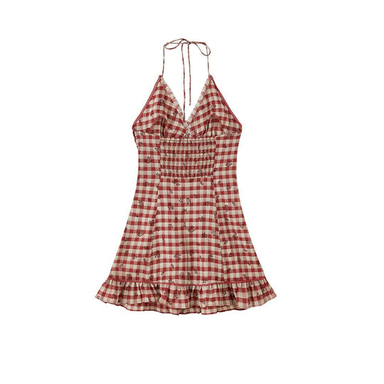 Damen Kariertes Sommerkleid mit Rüschendetails EB