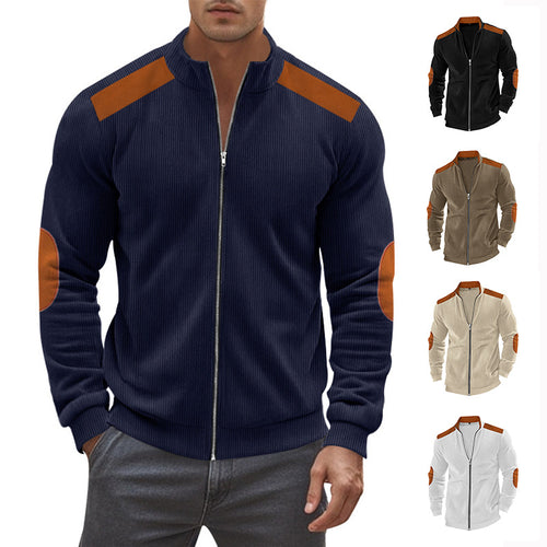 Herren nan Stehkragen-Sweatjacke mit feiner Rippstruktur, Ellbogen-Patches und kontrastierenden Schulterdetails EB