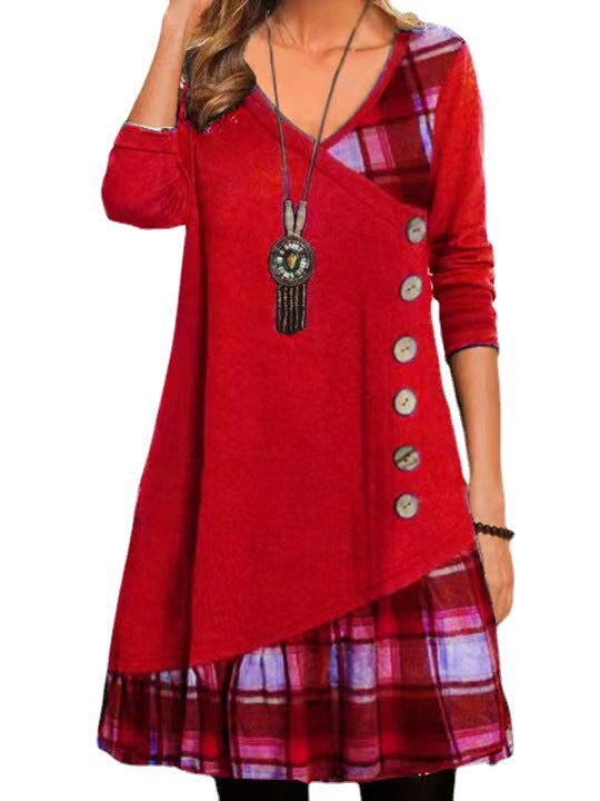 Damen asymmetrisches Freizeitkleid mit kariertem Saum und Knopfdetail EB