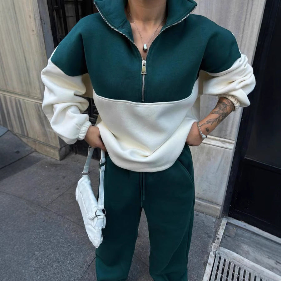 Damen Oversized Zweifarbiges Half-Zip Loungewear-Set mit Stehkragen und weitem Palazzo-Jogger EB
