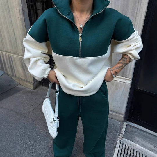 Damen Oversized Zweifarbiges Half-Zip Loungewear-Set mit Stehkragen und weitem Palazzo-Jogger EB