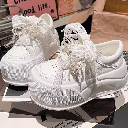 Damen modische Plateau-Sneaker mit dekorativem Schleifendetail und eleganter Schnürung EB
