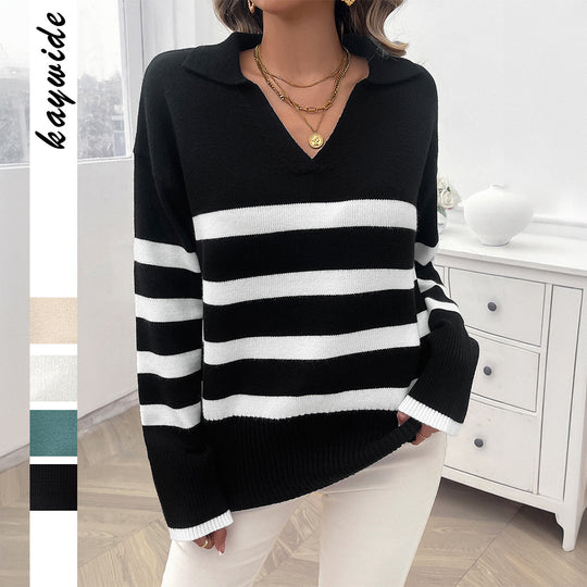 Damen nan lässiger V‑Ausschnitt Strickpullover mit Polokragen, gerippten Ärmelsäumen und markanten Blockstreifen EB