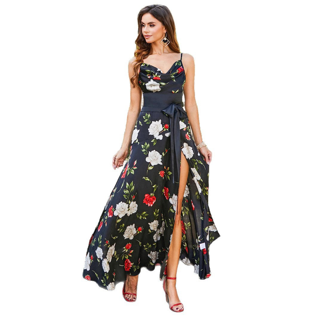 Damen Maxikleid mit floralem Design und hohem Beinschlitz EB