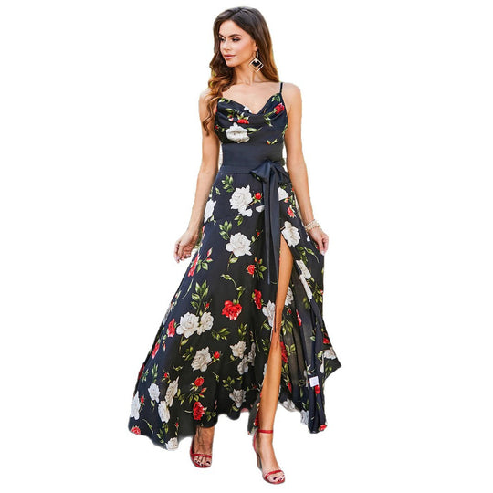 Damen Maxikleid mit floralem Design und hohem Beinschlitz EB