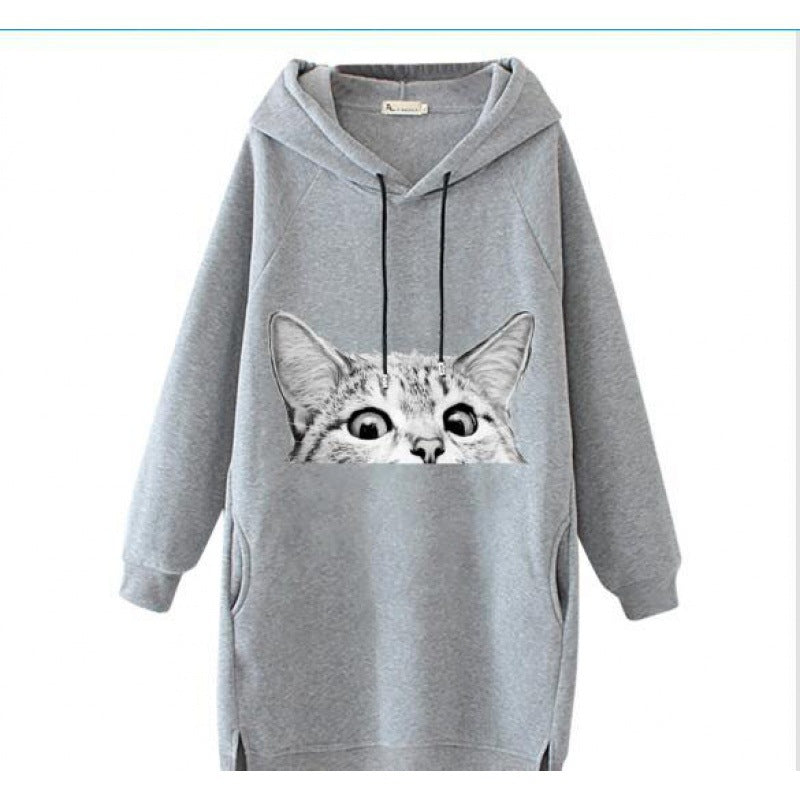 Damen Oversize Kapuzenkleid aus Sweat mit großem Katzenprint und Seitentaschen EB