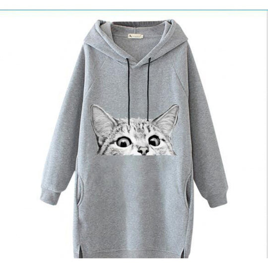 Damen Oversize Kapuzenkleid aus Sweat mit großem Katzenprint und Seitentaschen EB
