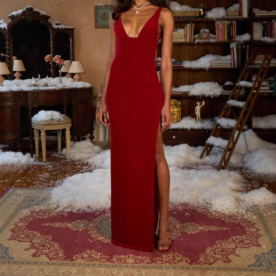 Damen Elegantes Maxikleid mit tiefem V-Ausschnitt und hohem Schlitz EB