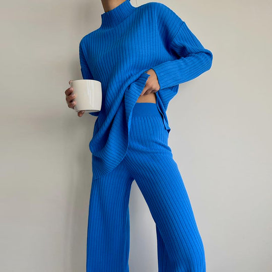 Damen Langarm Strickpullover mit Stehkragen und Rippenstruktur EB