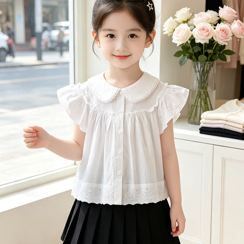 Mädchen elegante Bluse mit Spitzenkragen und Rüschendetails EB