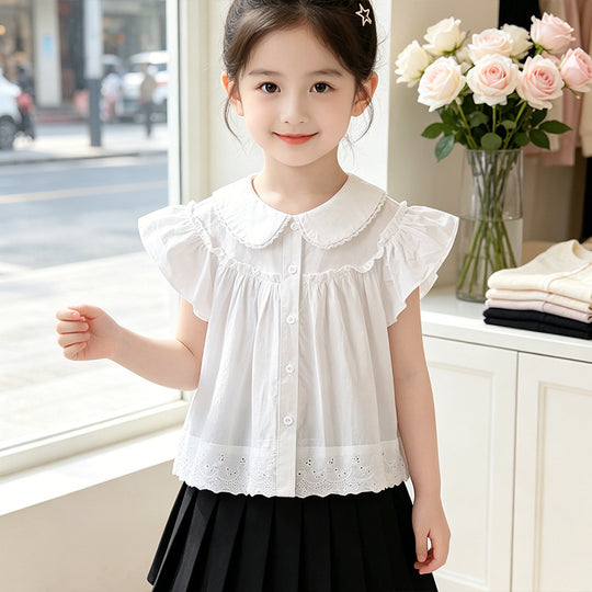 Mädchen elegante Bluse mit Spitzenkragen und Rüschendetails EB