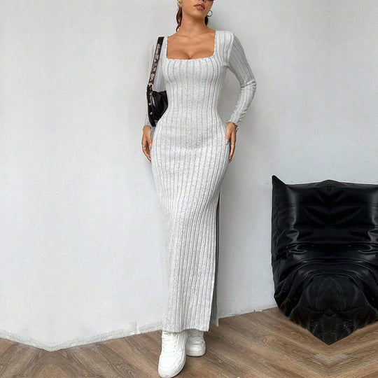 Damen figurbetontes geripptes Maxikleid mit quadratischem Ausschnitt und seitlichem Beinschlitz Eichborn Berlin