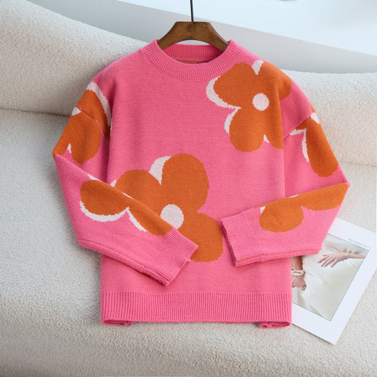 Damen Grob gestrickter Pullover mit floralem Muster EB