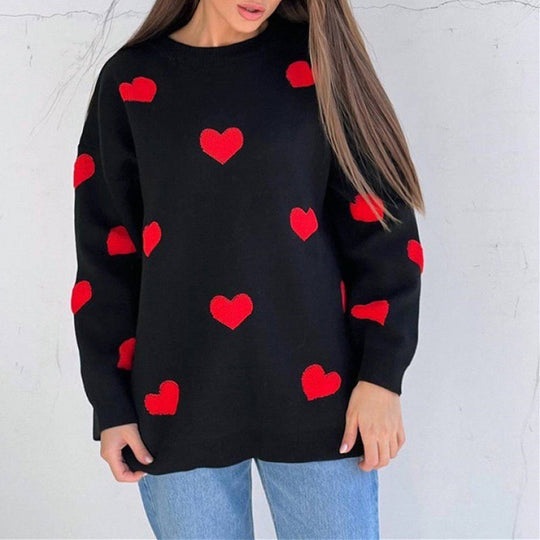 Damen Oversize-Feinstrickpullover mit Allover-Herzintarsien und überschnittenen Schultern EB