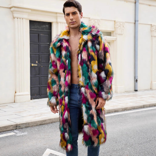 Herren Luxuriöser Kunstpelzmantel mit farbenfrohem Design EB