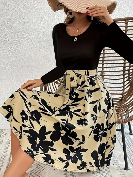 Damen Elegantes Midikleid mit floralem Print und gesmoktem Oberteil EB
