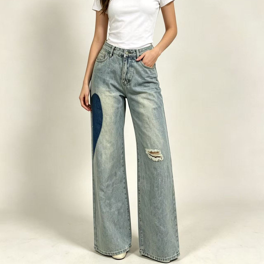 Damen weit geschnittene Denim-Jeans mit einzigartigen Farbakzenten EB