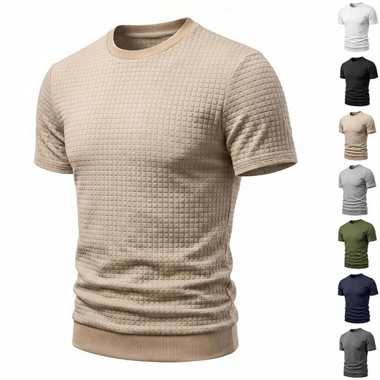 Herren nan kurzärmeliges Strickshirt mit geprägter Karostruktur, Rundhalsausschnitt und geripptem Saum EB