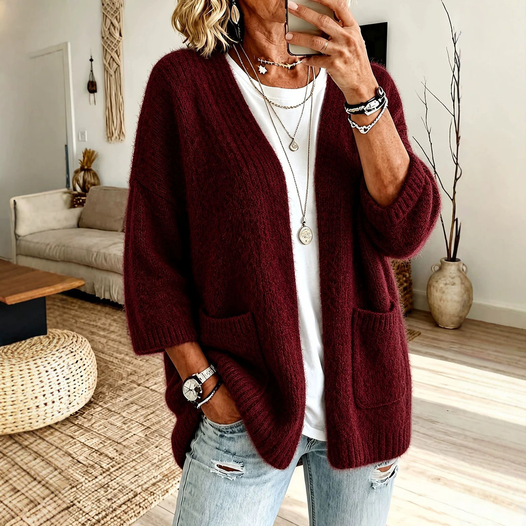 Damen Offener Longcardigan im Mohair-Look mit aufgesetzten Taschen und überschnittener Schulter EB