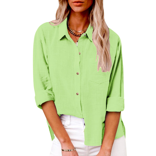 Damen nan oversized Leinen-Baumwollmix Hemdbluse mit Brusttasche und krempelbaren Ärmeln EB