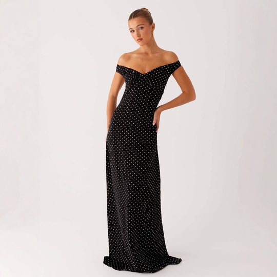 Damen Abendkleid mit Off-Shoulder-Design und elegantem Punktmuster EB