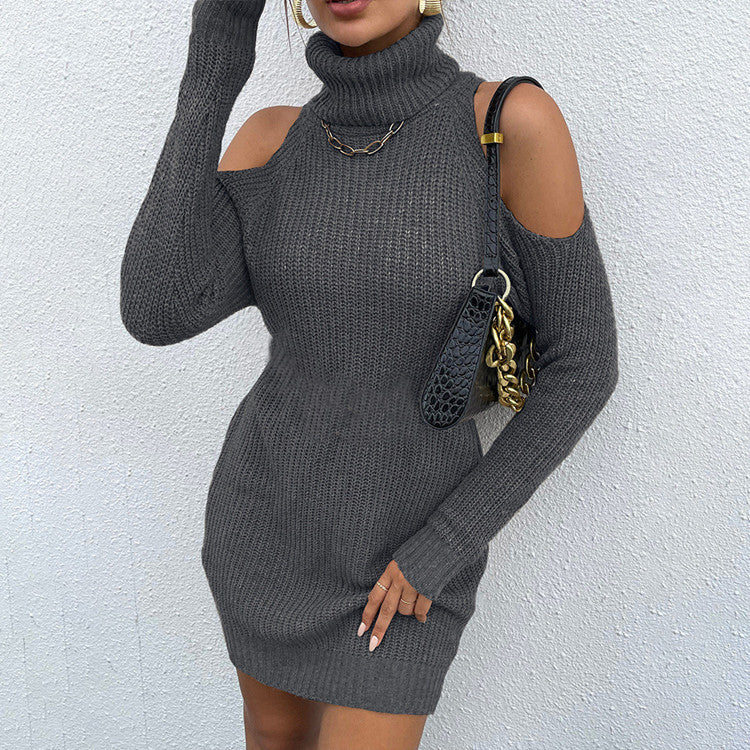 Damen Strickkleid mit Rollkragen und offenen Schultern EB