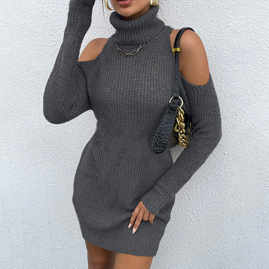Damen Strickkleid mit Rollkragen und offenen Schultern EB