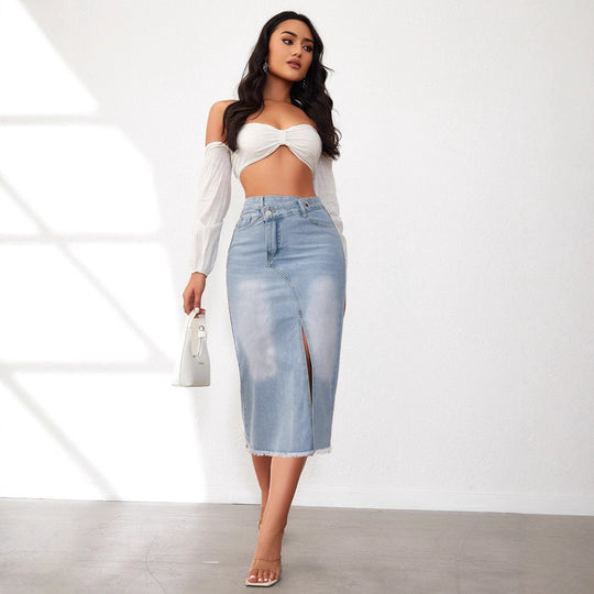 Damen Denim-Midi-Rock mit hohem Schlitz und ausgefranstem Saum EB