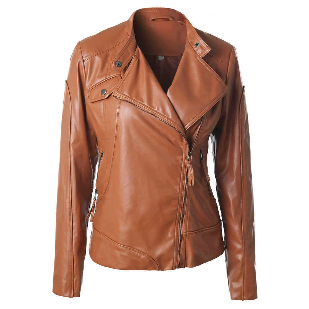 Damen Modische Kunstlederjacke mit asymmetrischem Reißverschluss und Stehkragen EB