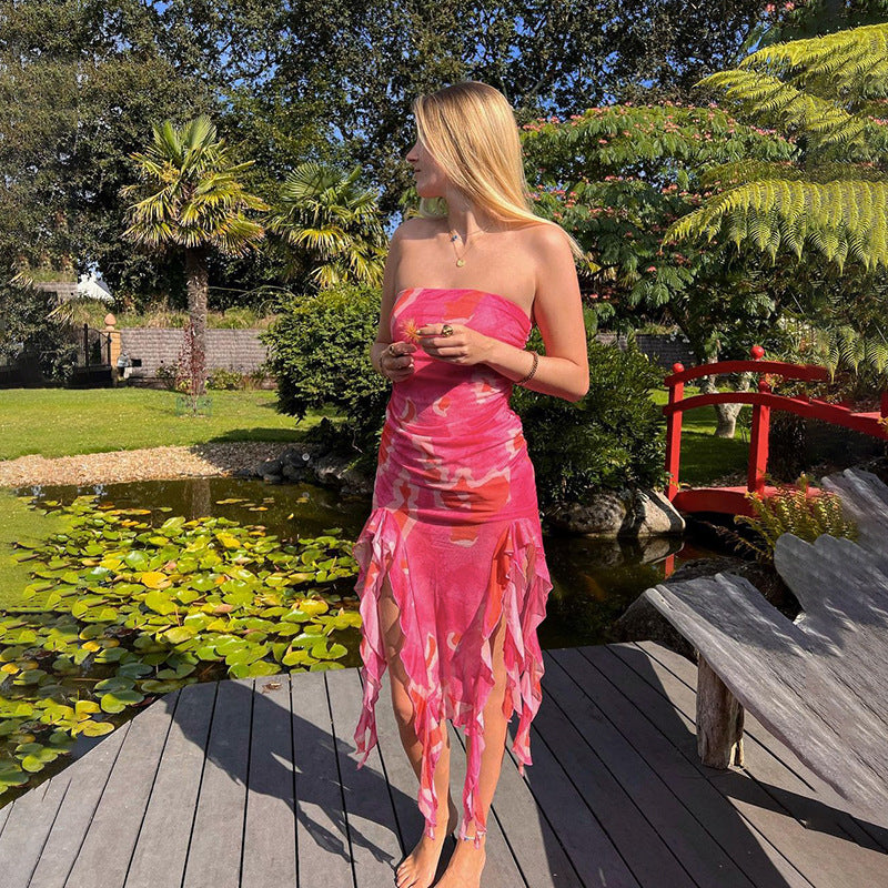 Damen elegantes Rüschenkleid mit trägerlosem Oberteil und asymmetrischem Saum EB