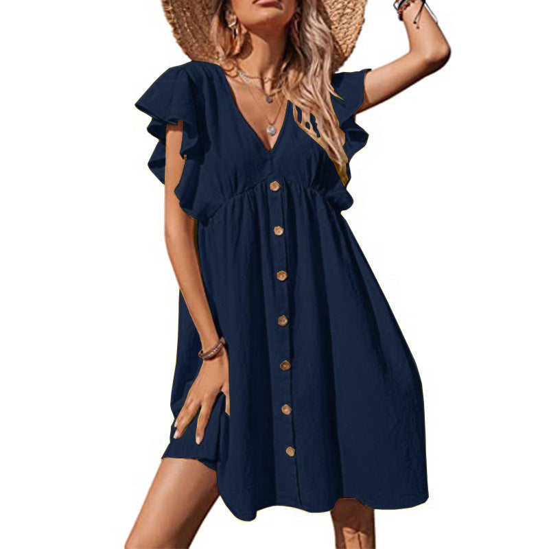 Damen Luftiges Sommerkleid mit verspielten Rüschendetails und Knopfverschluss EB
