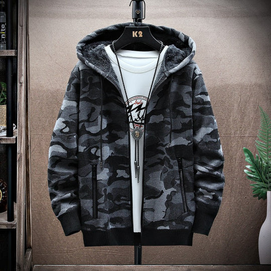 Herren lässige Kapuzenjacke mit strukturiertem Muster und warmem Innenfutter EB