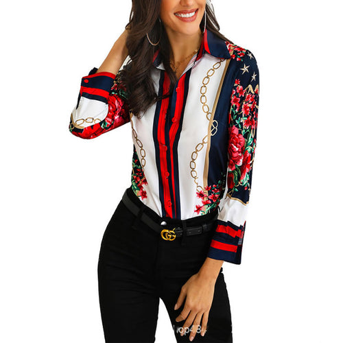 Damen Bluse mit floralem Muster und dekorativen Kettendetails EB
