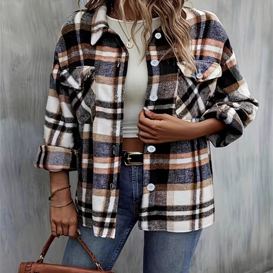 Damen karierte Flanelljacke mit Taschen und geschmackvoller Knopfleiste EB