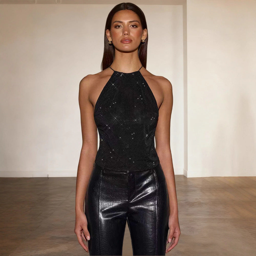 Damen Glitzerndes Top mit schmalem Halterdesign und funkelnden Akzenten EB