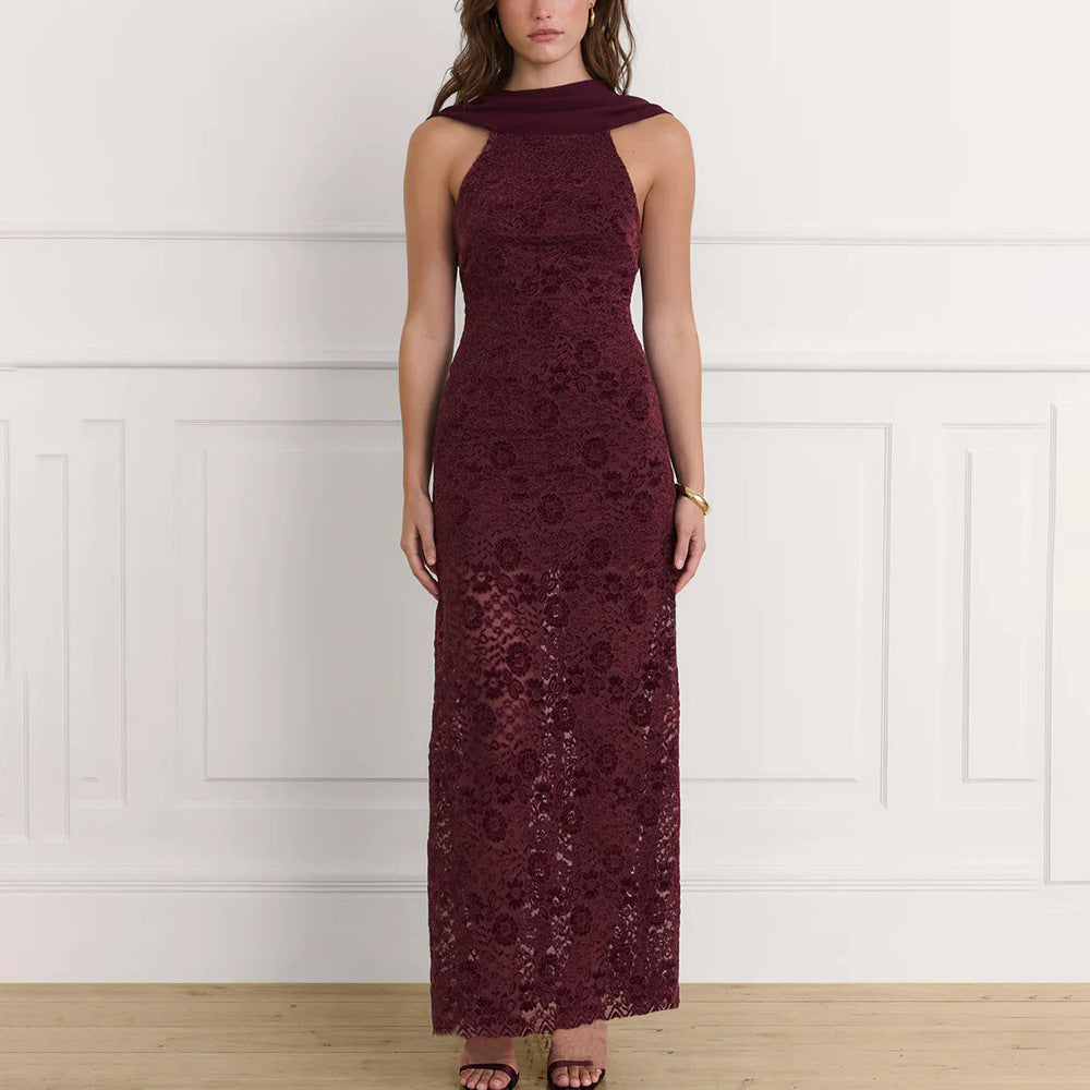 Damen Elegantes Spitzen-Maxikleid mit schickem Halterneck und figurschmeichelndem Schnitt EB