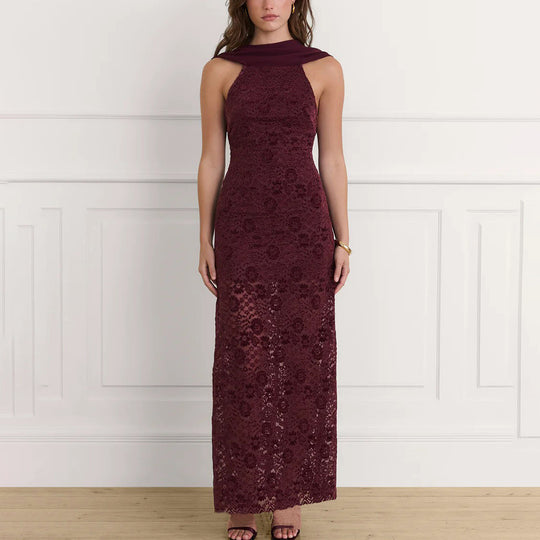 Damen Elegantes Spitzen-Maxikleid mit schickem Halterneck und figurschmeichelndem Schnitt EB