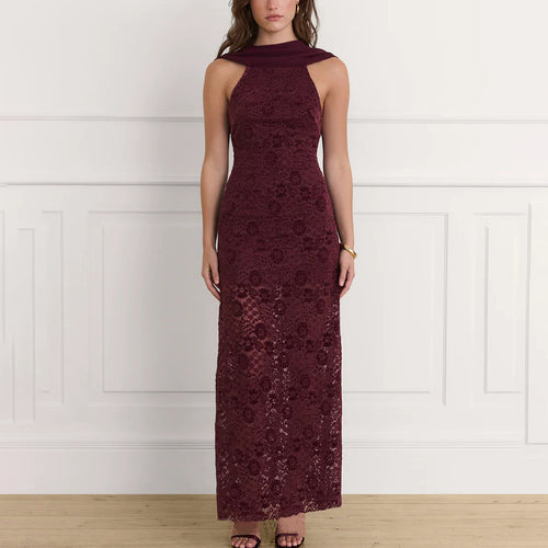 Damen Elegantes Spitzen-Maxikleid mit schickem Halterneck und figurschmeichelndem Schnitt EB