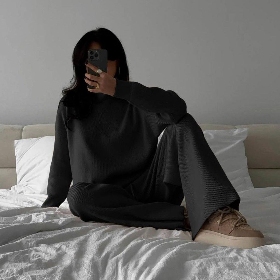 Damen Feiner Rippstrick-Loungewear-Set mit Stehkragen, Seitenschlitzen und hoher Taille Eichborn Berlin