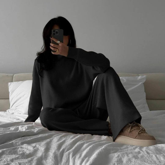 Damen Feiner Rippstrick-Loungewear-Set mit Stehkragen, Seitenschlitzen und hoher Taille Eichborn Berlin