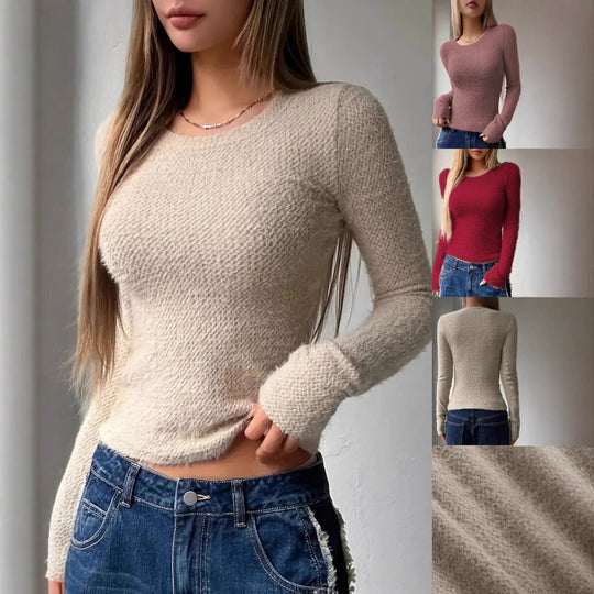 Damen Enganliegendes Flauschiges Feinstrick-Langarmshirt mit Rundhalsausschnitt EB