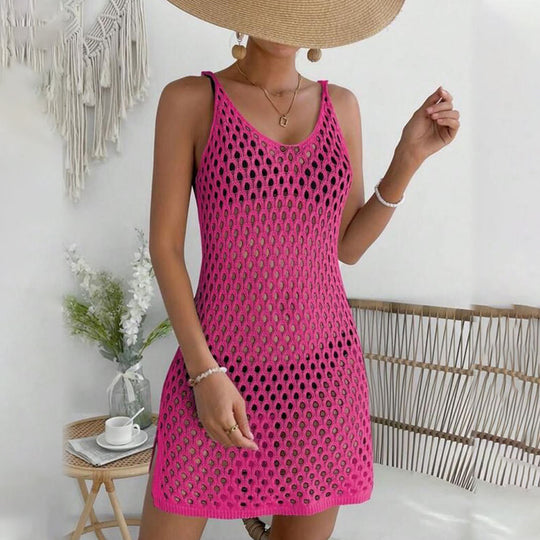 Damen gehäkeltes Strandkleid mit transparentem Netzdesign EB