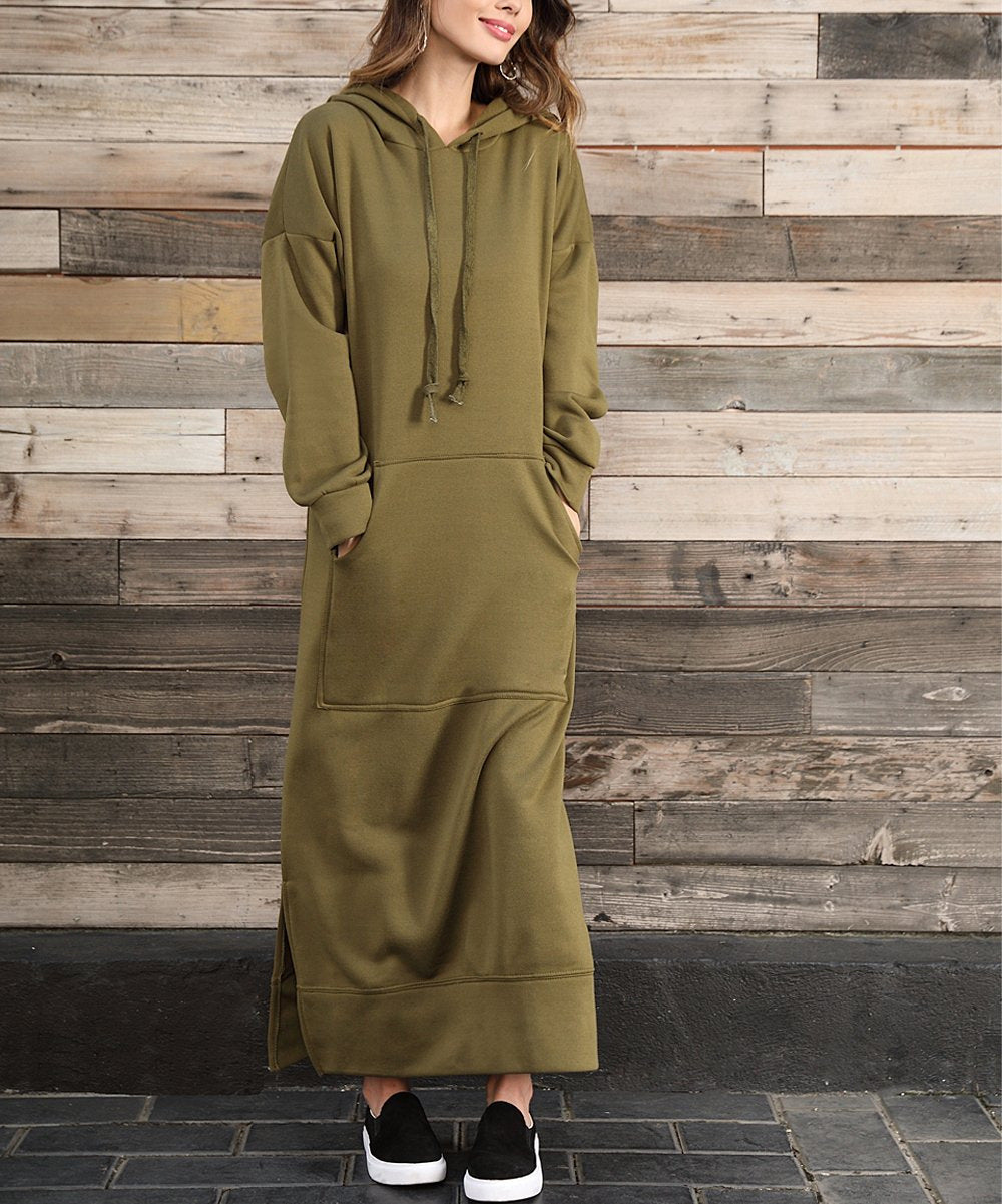 Damen nan langes Kapuzen-Sweatkleid mit Kängurutasche, Seitenschlitzen und lockerer Oversize-Passform EB