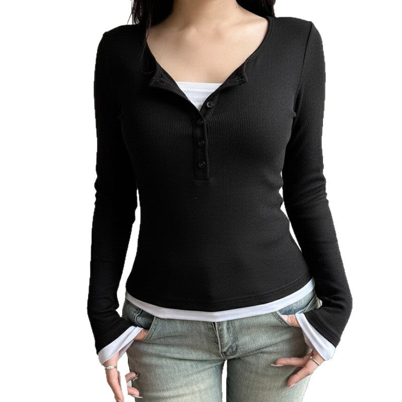 Damen nan tailliertes Henley-Crop-Longsleeve mit kontrastierenden Saum- und Ärmelbündchen EB