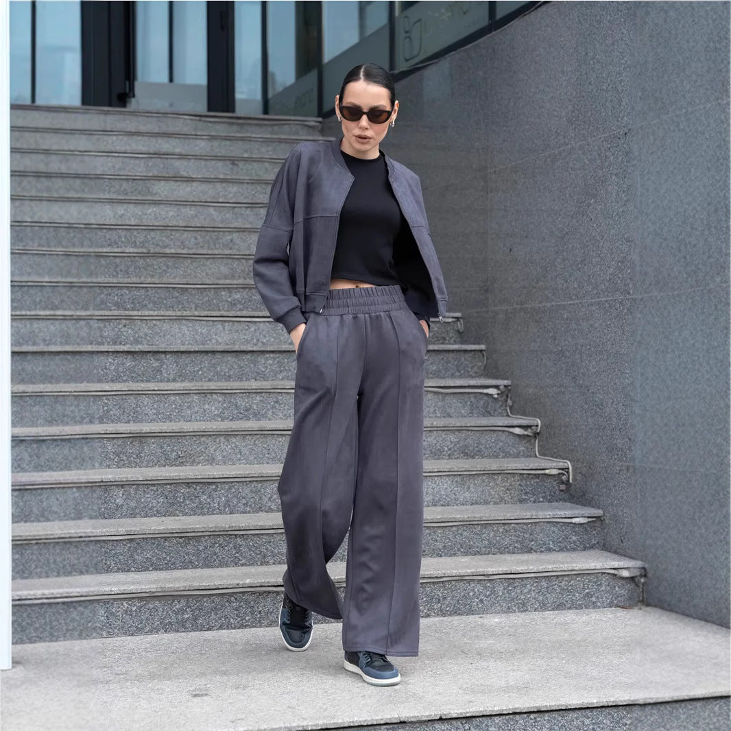 Damen nan zweiteiliges Velours-Loungewear-Set mit kurzem Zip-Hoodie und weiter Highwaist-Hose EB