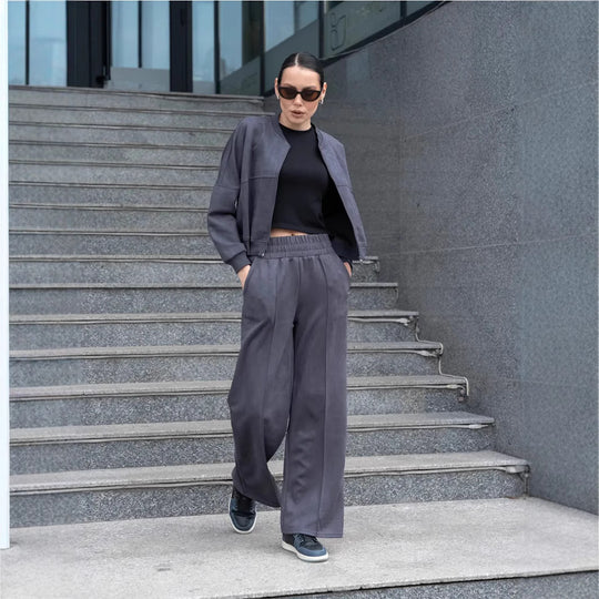 Damen nan zweiteiliges Velours-Loungewear-Set mit kurzem Zip-Hoodie und weiter Highwaist-Hose EB